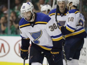 Troy Brouwer #36 of the St. Louis Blues celebrates a goal against the Dallas Stars in the second period in Game Seven of the Western Conference Second Round during the 2016 NHL Stanley Cup Playoffs at American Airlines Center on May 11, 2016 in Dallas, Texas.
