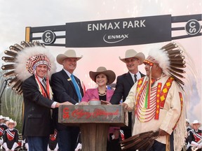 Fireworks go off as the Enmax Park is officially opened by Steve Allan, Bill Gray, Gianna Manes, Warren Connell and Ed Calf Robe at the Calgary Stampede  Saturday, June 18, 2016.