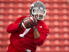 Lemar Durant eyes a catch during the Calgary Stampeders training camp at McMahon Stadium in Calgary, Alta., on Wednesday, June 1, 2016. The regular season begins on June 25, when the Stamps head to B.C. Lyle Aspinall/Postmedia Network