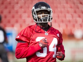 Tory Harrison runs during the Calgary Stampeders training camp in Calgary, Alta., on Monday, May 30, 2016. The regular season begins on June 25, when the Stamps head to B.C. Lyle Aspinall/Postmedia Network