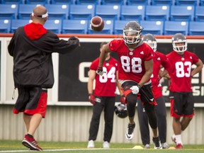 Kamar Jorden eyes a pass during the Calgary Stampeders training camp at McMahon Stadium in Calgary, Alta., on Wednesday, June 1, 2016. The regular season begins on June 25, when the Stamps head to B.C. Lyle Aspinall/Postmedia Network