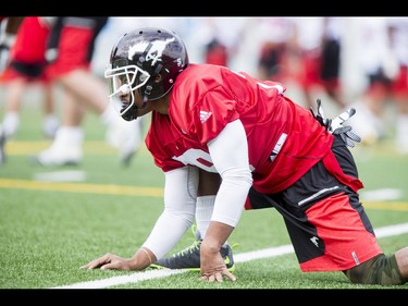 Jamal Nixon warms up on Day 1 of the Calgary Stampeders rookie camp at McMahon Stadium in Calgary, Alta., on Thursday, May 26, 2016. Regular training camp was set to begin on May 29.  Lyle Aspinall/Postmedia Network