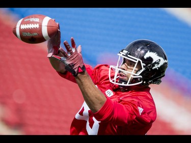 Juwan Brescacin catches a ball on Day 1 of the Calgary Stampeders rookie camp at McMahon Stadium in Calgary, Alta., on Thursday, May 26, 2016. Regular training camp was set to begin on May 29.  Lyle Aspinall/Postmedia Network