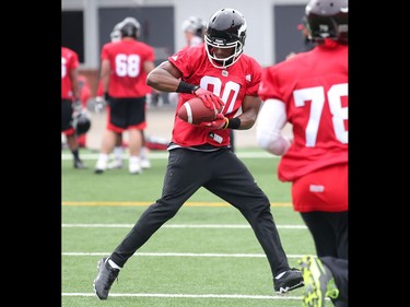 Calgary Stampeders receiving hopeful Matthew Norzil pulls in a throw during the team's rookie camp Friday May 27, 2016. The main camp opens Sunday. (Ted Rhodes/Postmedia)