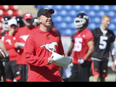 Coach Dave Dickenson watches over the opening session of training camp for the Calgary Stampeders in Calgary, Sunday, May 29, 2016.THE CANADIAN PRESS/Mike Ridewood ORG XMIT: MR104