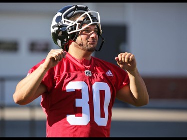 Kicker Rene Paredes warms up during the opening day of the Calgary Stampeders training camp at McMahon Stadium on Sunday May 29, 2016. Gavin Young/Postmedia