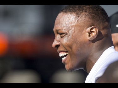 Micah Johnson smiles during the Calgary Stampeders training camp at McMahon Stadium in Calgary, Alta., on Tuesday, May 31, 2016. The regular season begins on June 25, when the Stamps head to B.C. Lyle Aspinall/Postmedia Network