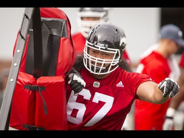 Alex Fifita works a drill during the Calgary Stampeders training camp at McMahon Stadium in Calgary, Alta., on Wednesday, June 1, 2016. The regular season begins on June 25, when the Stamps head to B.C. Lyle Aspinall/Postmedia Network