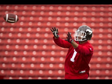 Lemar Durant eyes a catch during the Calgary Stampeders training camp at McMahon Stadium in Calgary, Alta., on Wednesday, June 1, 2016. The regular season begins on June 25, when the Stamps head to B.C. Lyle Aspinall/Postmedia Network