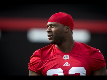 Jerome Messam works during the Calgary Stampeders training camp at McMahon Stadium in Calgary, Alta., on Thursday, June 2, 2016. The regular season begins on June 25, when the Stamps head to B.C. Lyle Aspinall/Postmedia Network