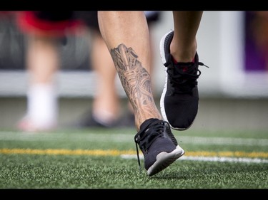 Kicker Rene Paredes sports a new tattoo on his leg during the Calgary Stampeders training camp at McMahon Stadium in Calgary, Alta., on Thursday, June 2, 2016. The regular season begins on June 25, when the Stamps head to B.C. Lyle Aspinall/Postmedia Network