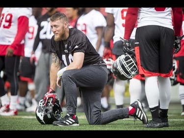 Quarterback Bo Levi Mitchell rests during the Calgary Stampeders training camp at McMahon Stadium in Calgary, Alta., on Thursday, June 2, 2016. The regular season begins on June 25, when the Stamps head to B.C. Lyle Aspinall/Postmedia Network
