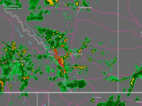 A doppler radar image showing thunderstorms  in and around Calgary
