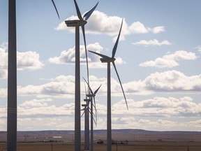 TransAlta wind turbines are shown at a wind farm near Pincher Creek.