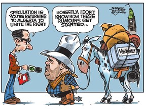 UPLOADED BY: Malcolm Mayes ::: EMAIL: mmayes:: PHONE: 780-288-3542 ::: CREDIT: Malcolm Mayes ::: CAPTION: Jason Kenney denies move to Alberta, despite all the signs. (Cartoon by Malcolm Mayes)