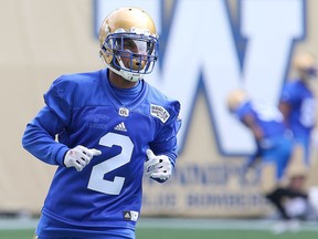 Winnipeg Blue Bombers defensive back Matt Bucknor runs a drill during CFL football practice in Winnipeg, Man. Sunday May 29, 2016. Brian Donogh/Winnipeg Sun/Postmedia Network