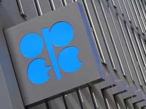 The logo of the Organization of the Petroleum Exporting Countries (OPEC)  at its headquarters building in Vienna.