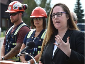 Alberta Minister of Labour, Christina Gray at a news conference talking about steps being taken to improve safety inspections in the residential construction worksites, in Edmonton.