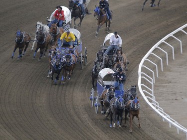 Layne MacGillivray lead from start to finish in Heat 1 of the Rangeland Derby chuckwagon races at the Calgary Stampede on Sunday July 10, 2016.