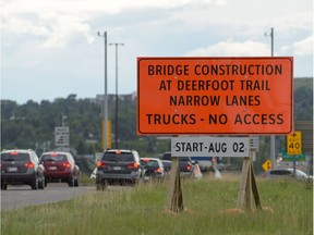 A sign announcing additional construction on McKnight Boulevard at Deerfoot Trail, which began Aug. 2.