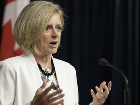 Alberta Premier Rachel Notley speaks during a press conference .