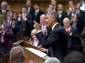 U.S. President Barack Obama addresses Parliament in the House of Commons on Parliament Hill in Ottawa on June 29, 2016.