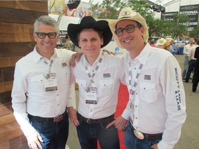 Cal 0716 Brooks Stampede 12 The perfect-and philanthropic party kicking  off  the 2016 Stampede was the Scott Land Stomp held July 7 in the Wildhorse Saloon Tent. Guests attending dug deep and donated funds to the Calgary Prostate Cancer Centre. Pictured, from left,  are hosts with the most, Scott Land founder Gregg Scott with his sons Hunter Scott and Ryan Scott. The Stomp has been an integral part of Stampede fun for 19 years.