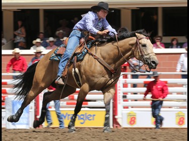 For the third day in a row Mary Burger from Pauls Valley Oklahoma took top day money in the Barrel Racing event at the Calgary Stampede Rodeo, Sunday July 10, 2016.