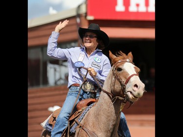 For the third day in a row Mary Burger from Pauls Valley Oklahoma took top day money in the Barrel Racing event at the Calgary Stampede Rodeo, Sunday July 10, 2016.