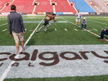 University of Calgary Dinos wide receiver Rashaun Simonise is tested by six NFL scouts at McMahon Stadium in Calgary on Monday July 11, 2016. Simonise has been declared eligible for the NFL supplementary draft.