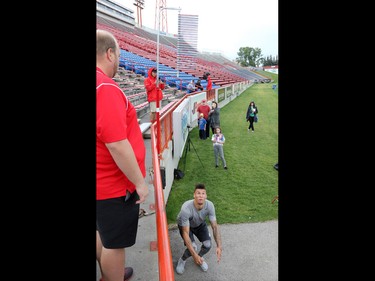 University of Calgary Dinos wide receiver Rashaun Simonise does a vertical jump test for six NFL scouts at McMahon Stadium in Calgary on Monday July 11, 2016. Simonise has been declared eligible for the NFL supplementary draft.