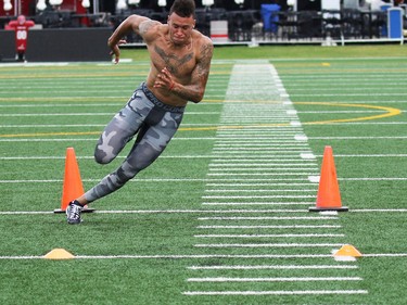 University of Calgary Dinos wide receiver Rashaun Simonise runs the three cone test for six NFL scouts at McMahon Stadium in Calgary on Monday July 11, 2016. Simonise has been declared eligible for the NFL supplementary draft.