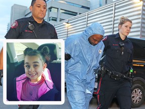 Police escort Edward Downey into the Court Services Section in downtown Calgary on Thursday July 14, 2016 after he was arrested in the murders of Taliyah Leigh Marsman (pictured in lefthand corner) and her mother Sara Baillie.