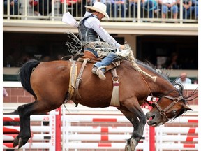 Brad Harter from Loranger Louisiana rides Rubels during the Saddle Bronc event on Day 2 of the Calgary Stampede Rodeo, Saturday July 9, 2016. Harter took took top spot.