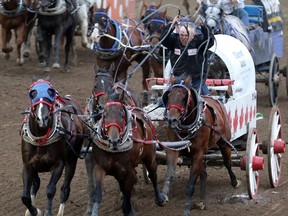 Chad Harden finished first and fast at 1:12:74 in heat 4 of the GMC Rangeland Derby at the Calgary Stampede on Tuesday July 12, 2016. Gavin Young/Postmedia