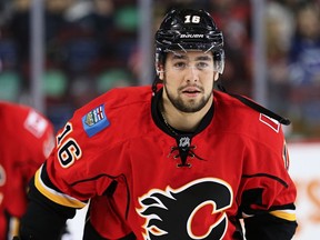 Calgary Flames Josh Jooris during the pre-game skate before playing the Vancouver Canucks in NHL hockey in Calgary, Alta., on Friday, February 19, 2016. Al Charest/Postmedia