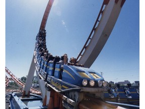 Calgary Stampede 1980s midway enthsuiasts ride the Supercoaster, the newest ride at the  Calgary Stampede in1985. It was the largest portable rollercoaster in North America at the time.