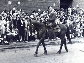The Second World War had a significant impact on the Calgary Stampede; here, in the Stampede's annual parade, a double amputee, Private Bill Warren, is a featured rider.