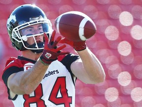 Greg Wilson of the Calgary Stampeders during warm up before playing the Edmonton Eskimos in CFL football in Calgary, Alta., on Saturday, June 11, 2016. AL CHAREST/POSTMEDIA