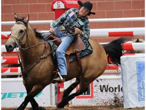 Mary Burger from Pauls Valley, Oklahoma won the Barrel Racing on Day 2 of the Calgary Stampede Rodeo, Saturday July 9, 2016.
