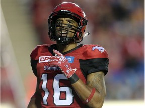 Calgary Stampeders Marquay McDaniel celebrates his touchdown during their game against the Winnipeg Blue Bombers during CFL action at McMahon Stadium in Calgary, Alta.. on Friday July 1, 2016.
