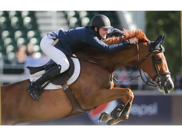 Ireland's Daniel Coyle rides Somerset to victory in the jump off to claim the Pepsi U25 Challenge during the Spruce Meadows North American Friday July 8, 2016.