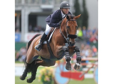 American Kent Farrington rides Gazelle to victory in the ATCO Queen Elizabeth Cup Saturday July 9, 2106 during the North American at Spruce Meadows.