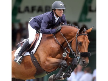 American Kent Farrington rides Gazelle to victory in the ATCO Queen Elizabeth Cup Saturday July 9, 2106 during the North American at Spruce Meadows.