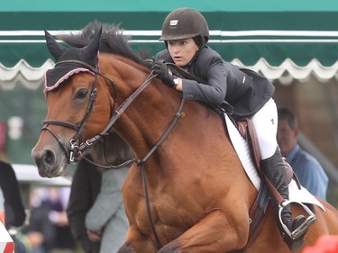 Sixteen year old New York rider Lucy Deslauriers rides Hester to a third place finish in  the Imperial event Saturday July 9, 2106 during the North American at Spruce Meadows.