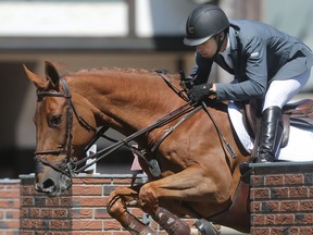 Calgary's Chris Surbey rides Quetchup de la Roque to victory in the Enbridge Classic Derby   during the North American at Spruce Meadows Sunday July 10, 2016. (Ted Rhodes/Postmedia)