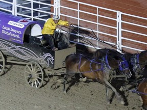 Crystal Schick/ Postmedia CALGARY, AB -- Vern Nolin easily takes the win of heat nine on day four of Calgary Stampede's GMC Rangeland Derby, on July 12, 2016. --  (Crystal Schick/Postmedia) (For  story by  ) Postmedia