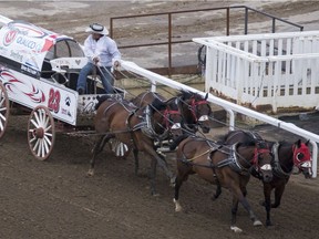Crystal Schick/ Postmedia CALGARY, AB -- Rick Fraser looks back at the other racers as he leads the race in heat one on day five of Calgary Stampede's GMC Rangeland Derby, on July 13, 2016. Fraser finished this race in last after a interference penalty. --  (Crystal Schick/Postmedia) (For  story by  ) Postmedia