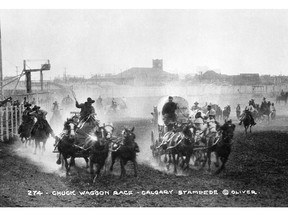 Chuckwagon races, such as this race in 1925, provided heart-stopping action at the Calgary Stampede during the 1920s.