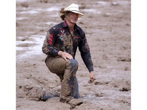 Cody Cassidy from Donalda, Alta, after  steer wrestling at the calgary Stampede in Calgary, Alta., on Saturday July 16, 2016.